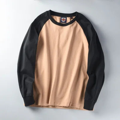 Autumn New American Retro Long Sleeve O-neck Contrast Splicing T-shirt Men's Fashion 100% Cotton Washed Old Casual Sport Tops