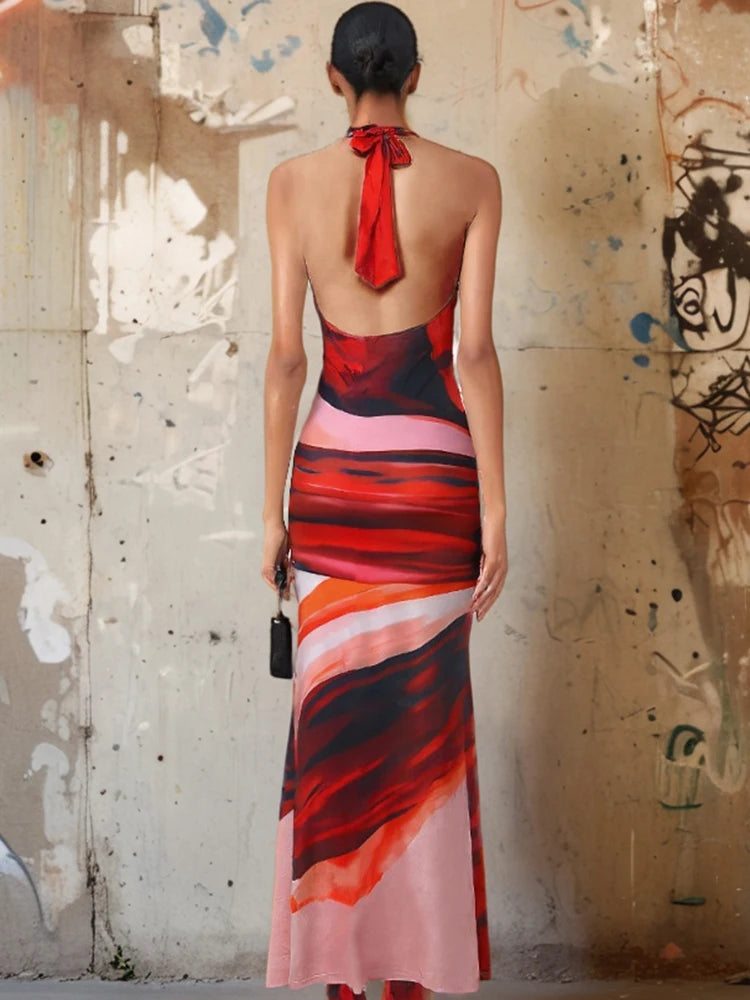 Deep V-Neck Women Long Dress Colorful Print  Sexy Backless Sleeveless Lace-Up Elegant Birthday Banquet Party Bodycon