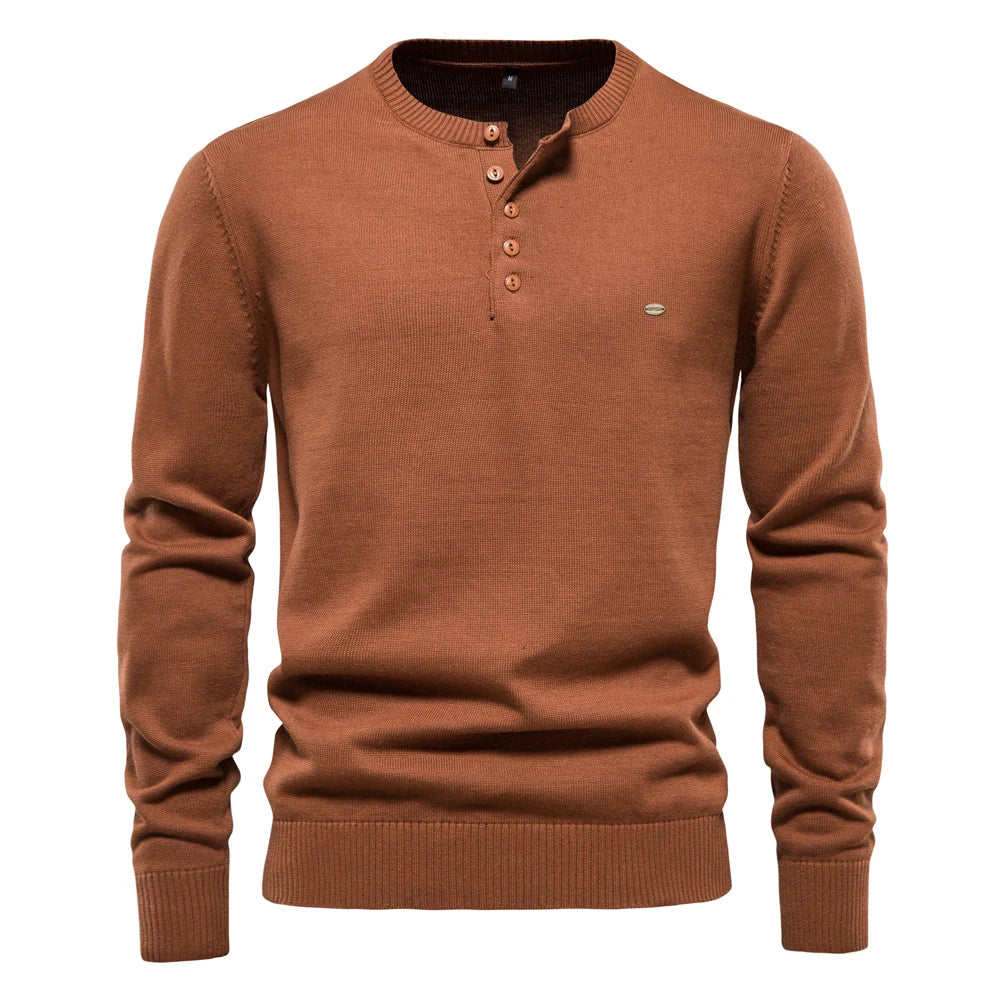 Men's Henley Collar Sweaters 100% Cotton Solid Colour Casual Pullovers Autumn Thin High Quality Sweaters for Men