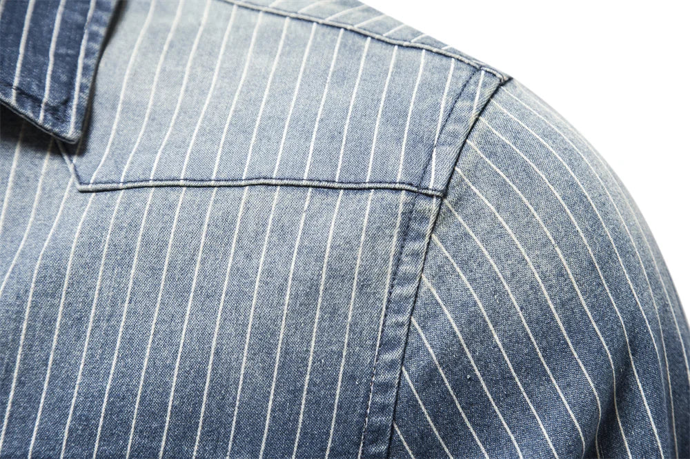 Men's Cotton Denim Shirts Striped Stretch Long Sleeve High Quality Jeans Shirts Casual Slim Cowboy Shirts For Men