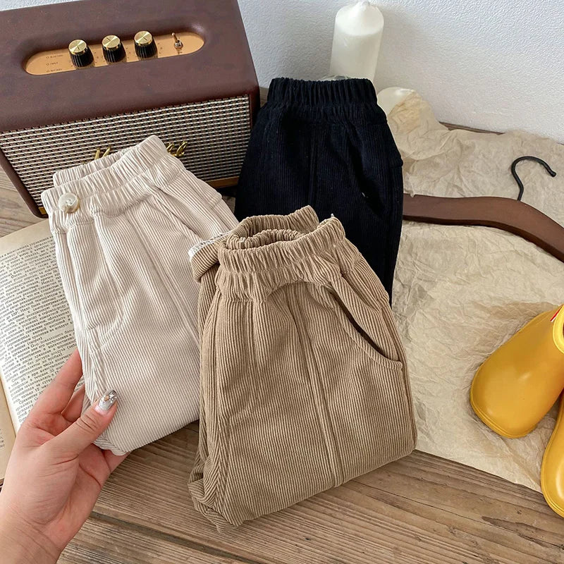 Winter Warm Kids Pants Fleece Lining Corduroy Fleece Boys Girls Trousers Outerwear Clothing 1-6Y Unisex