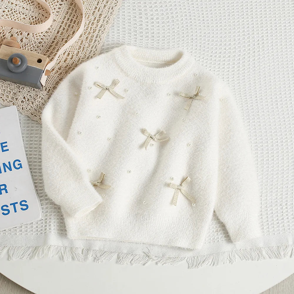 New Autumn Baby Knitwear Cute Girls Bow Bead Children's Sweater Thin Kids Clothes 9M-5T Girls