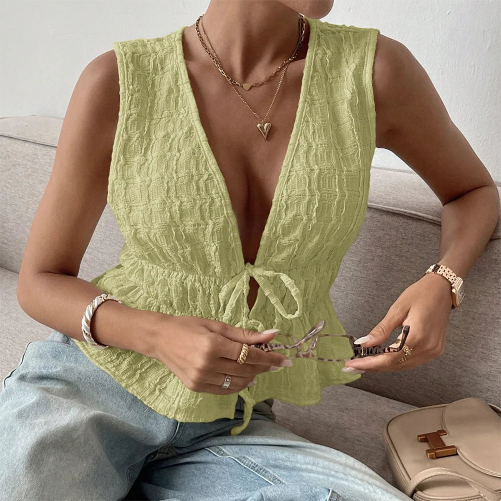 Women's Tanks Deep V-Neck Tie Detail Sleeveless Solid Colour Top Summer Casual Chic Style Tanks