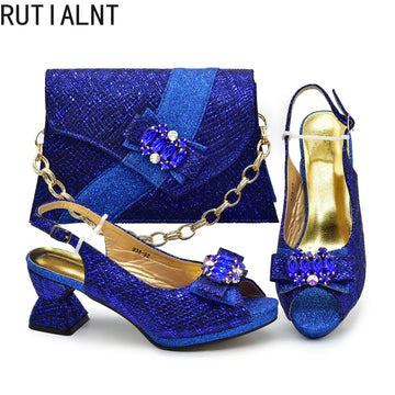 Women's Elegant Medium Heeled African Ladies Shoes and Bags Decorated with Rhinestone for Ladies' Luxury Pumps