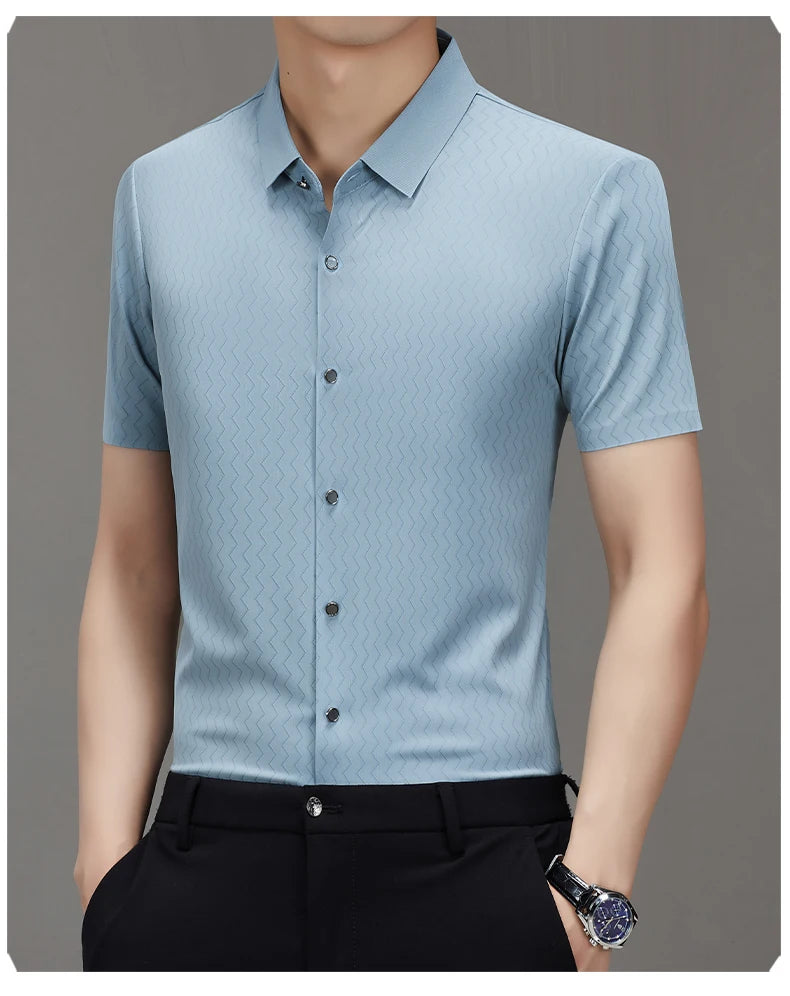 Men's Summer Lapel Shirt, Slim Fit Short-Sleeved, Fashion Dark Pattern Knitted Fabric Polo Shirt