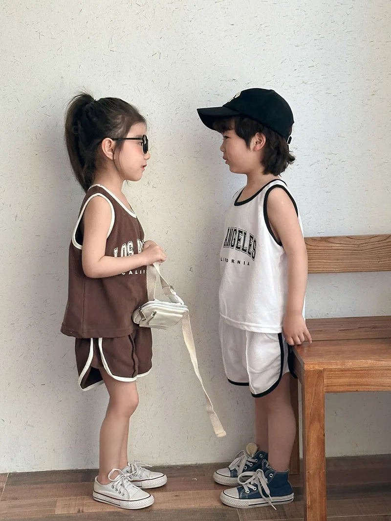 New Summer Kids Clothes Set Children Thin Style Letter Sports Suit Girls Tank Top Shorts Boys Outfits 4-6Y Unisex