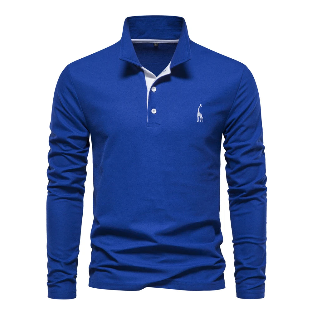 New Men's Deer Embroidery Polo Shirts Solid Colour Long Sleeve Social Business Male