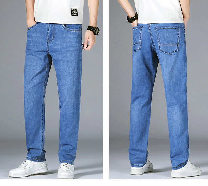2025 Dunne of dikke stoffen kantoor- en zakenjeans voor heren, klassiek blauw, zwart, katoenen stretch, rechte denimbroek, herenmerkbroeken