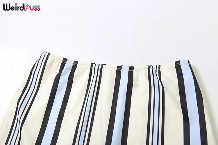 Stripe Print Women 2 Piece Set Summer Backless Low-Neck Halter Tank Tops + Skirts Fashion Vacation Streetwear Outfits