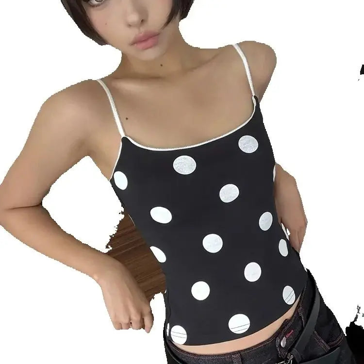 Polka Dot Patchwork Camisole Women Y2K Style Spaghetti Strap Skinny Stretch Street Fashion Versatile Style Tank Tops