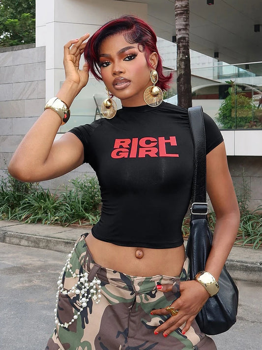 Letter Print Fashion Crop Tops Women Summer Trend o-Neck Mini Sleeve Daily Casual Simple Classic Streetwear T-Shirts