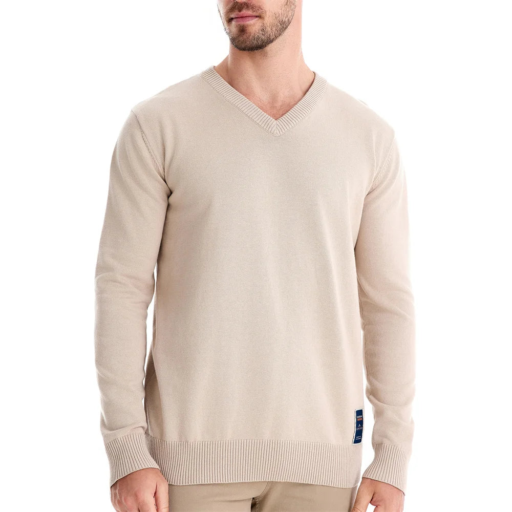 Men's V-neck Solid Cotton Pullover Sweaters Long Sleeve Casual Social Knitted Sweaters for Men