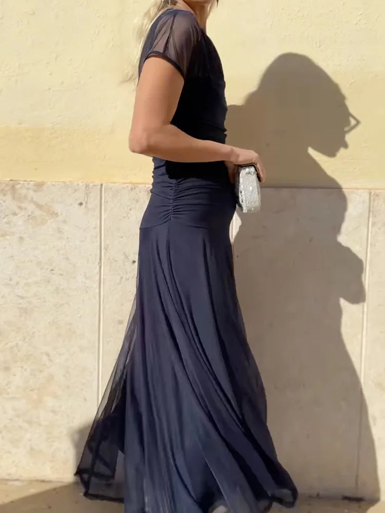 Women Summer Round Neck Loungewear Dress, See Through Solid Mesh Patchwork Elegant Maxi Dress, Short Sleeve Casual Ladies Dress