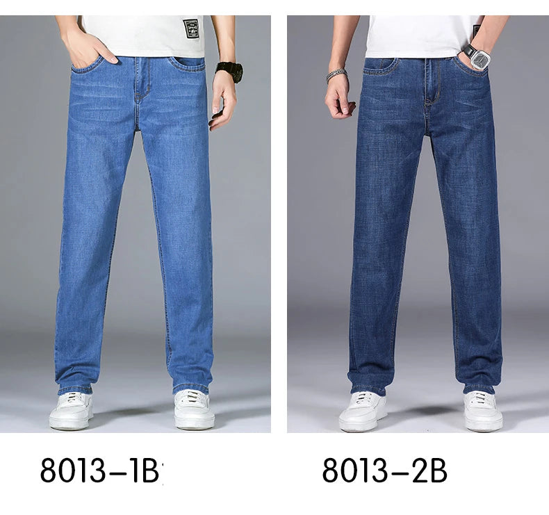 2025 Dunne of dikke stoffen kantoor- en zakenjeans voor heren, klassiek blauw, zwart, katoenen stretch, rechte denimbroek, herenmerkbroeken