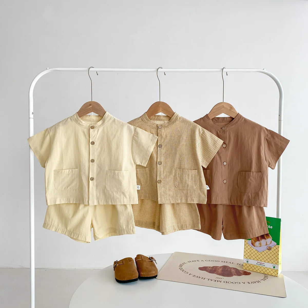 Summer Thin Short Sleeve T-shirt and Shorts Set Small Stand Collar Cool Toddler Boys Baby Girls 2PCS Casual Beach Suits 1-5Y Unisex