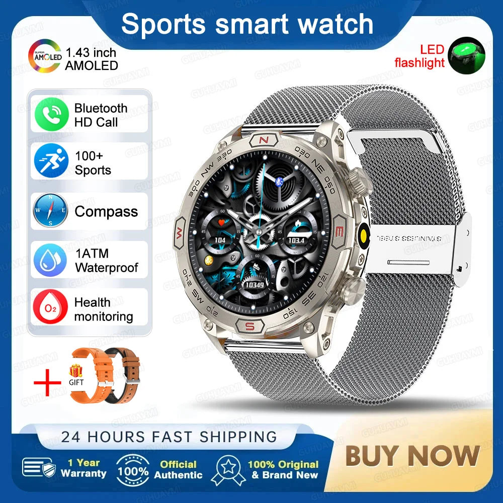 Outdoor Military Smart Watch Men Compass GPS Track Bluetooth Call IP68 Waterproof AMOLED Screen Smartwatch Compatible with Android IOS
