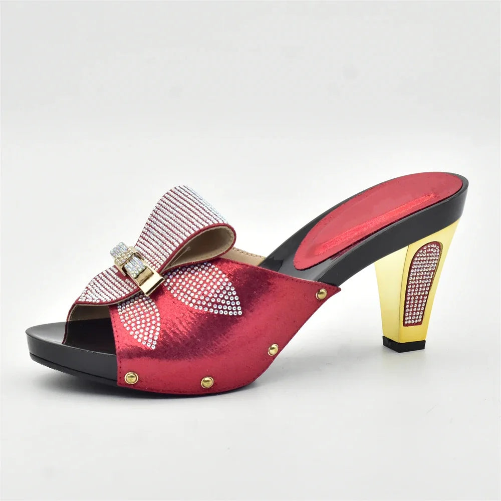 Gold Color Women Slippers Shoes African Women Wedding Shoes Elegant Italian Woman Shoes with Stone High Heels Woman Summer Pumps