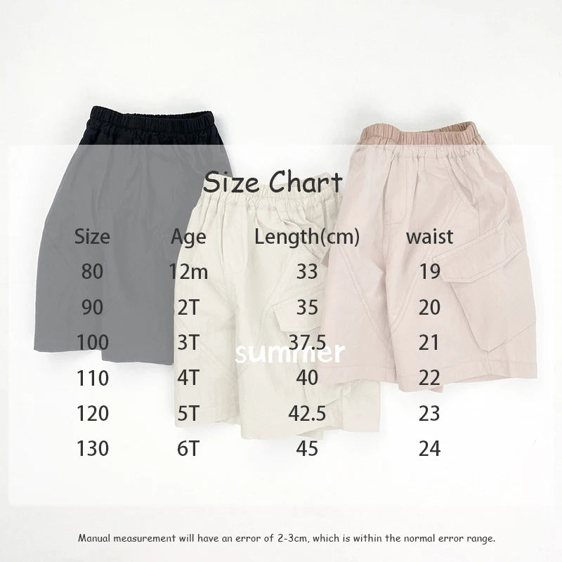 Zomer kinderoveralls schattige effen kleur zak jongens vijfkwart broek kinderen elastische taille meisjes werkkleding kort 1-6T unisex