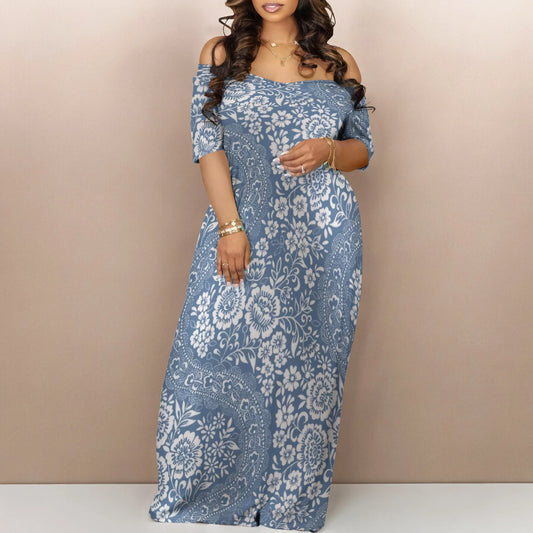 Trendy Off Shoulder Floral Print Maxi Dress Women Summer Look with Side Pockets
