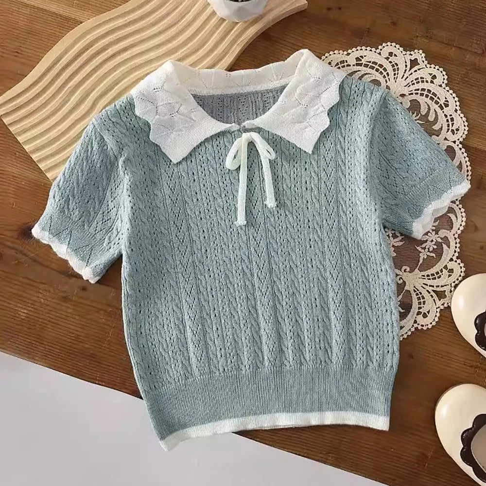 Kid's Knitted T-shirt Girls Simple Turn Down Collar Pullover Children's Thin Hollow Out Knit Short Sleeve Tee 1-6Y Girls