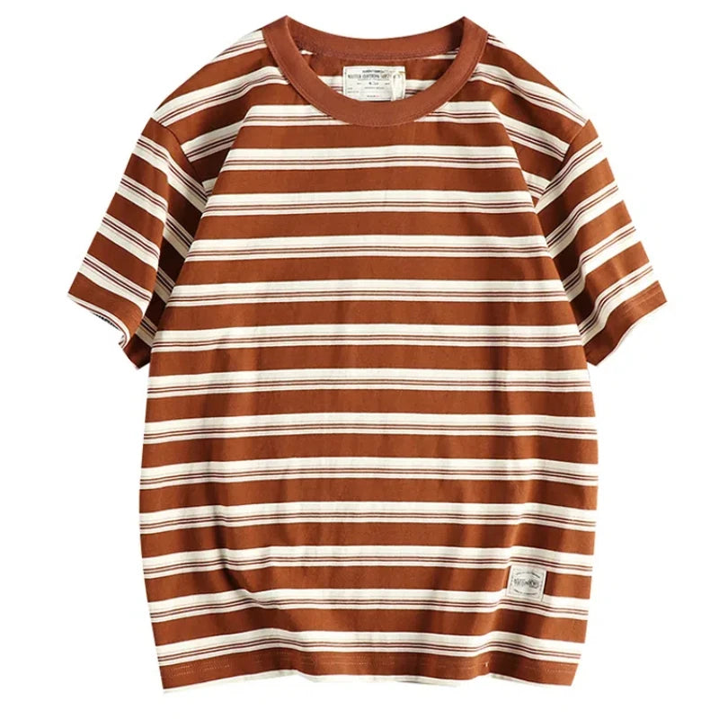 2024 Summer New American Retro 240g Short Sleeve O-neck Striped T-shirt Men's Simple 100% Cotton Washed Heavyweight Casual Tops