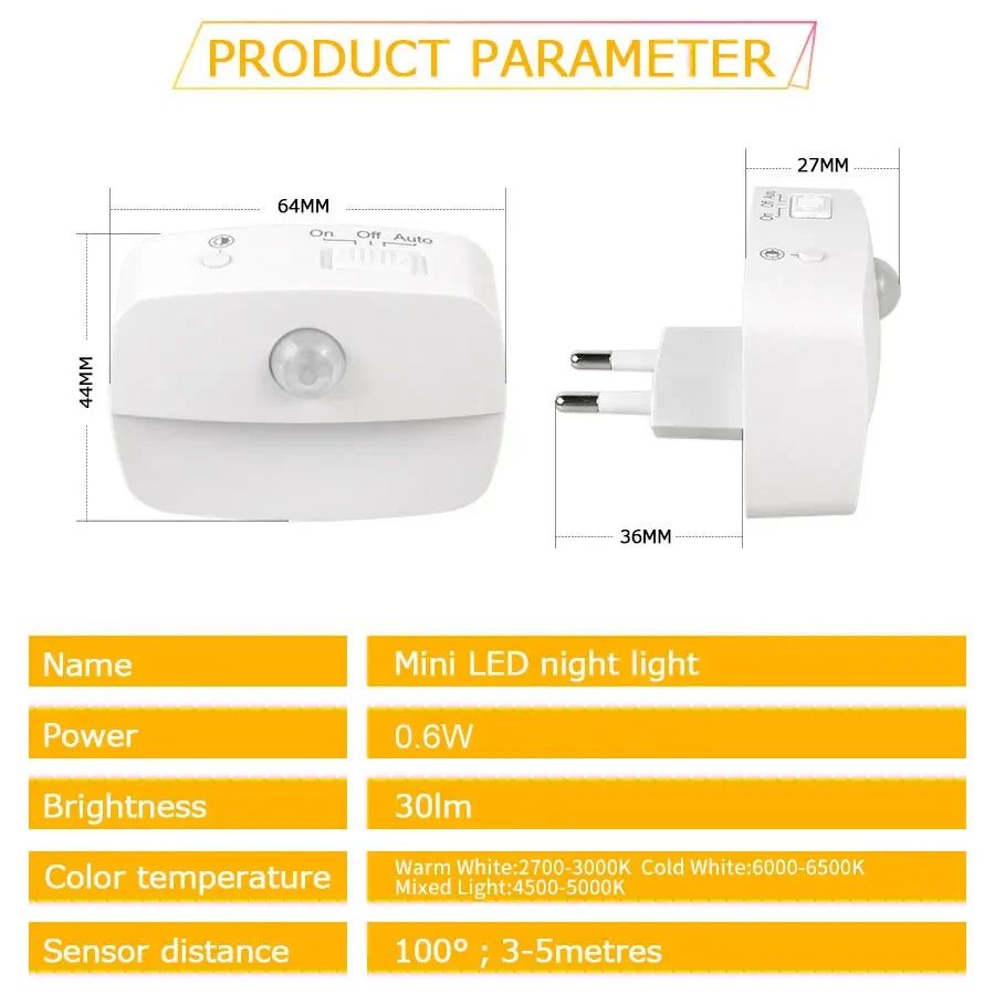 3-kleuren LED-nachtlampje met bewegingssensor EU US-stekker PIR-menselijke infraroodinductielamp voor slaapkamer, gang, trap, keuken