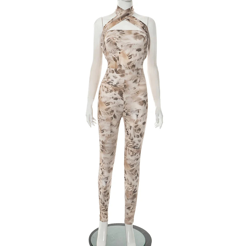 Cross Halter Jumpsuit Women Summer Foliage Print Backless Sleeveless Stretch Fitness Activity Streetwear Overalls