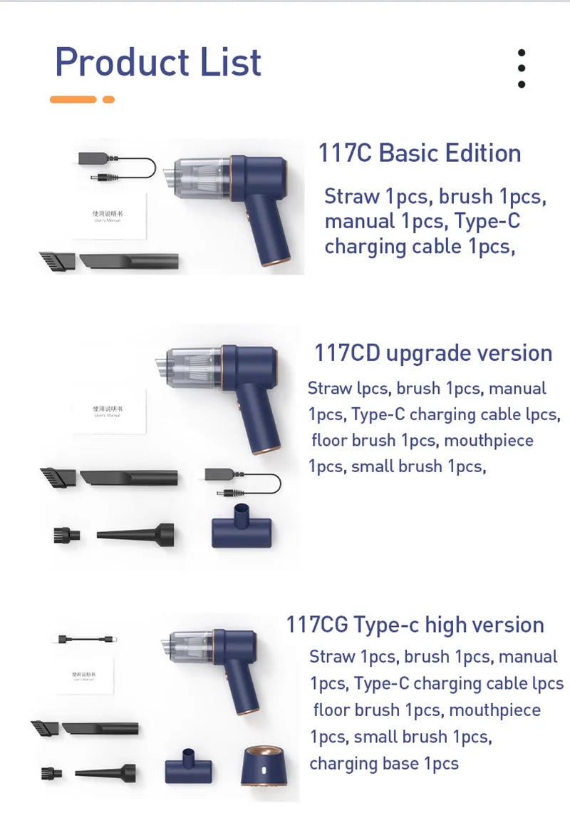 2-in-1 Wireless Car Vacuum Cleaner – Portable High-Power Handheld Vacuum with Multi Brush Heads & Type-C Charging