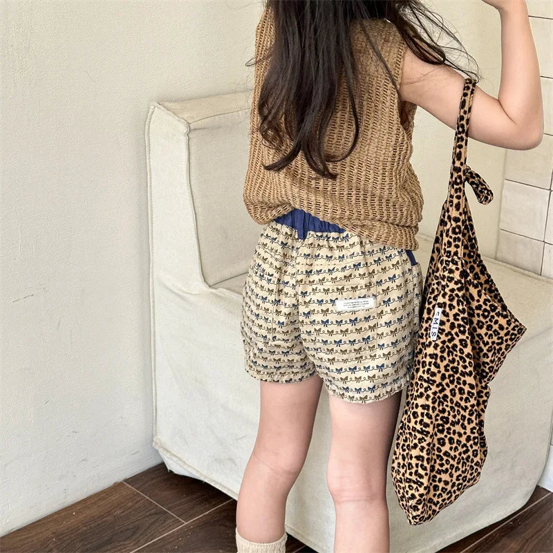 2025 Zomer Nieuwe Baby Meisjes Strik Print Shorts Katoenen Kinderen Losse Shorts Kinderen Veelzijdige Casual Broek Ademende Peuterkleding 4-6Y
