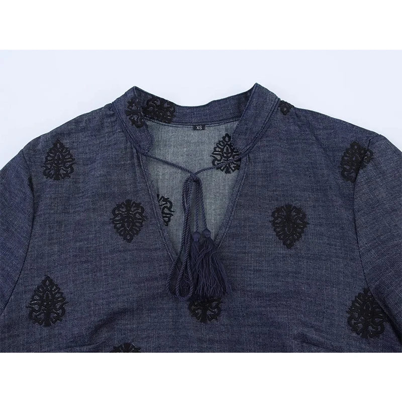 Vintage Women Long Sleeve V Neck Embroidered  Blouse Spring Summer 2025 Streetwear Tops Blusas Mujer