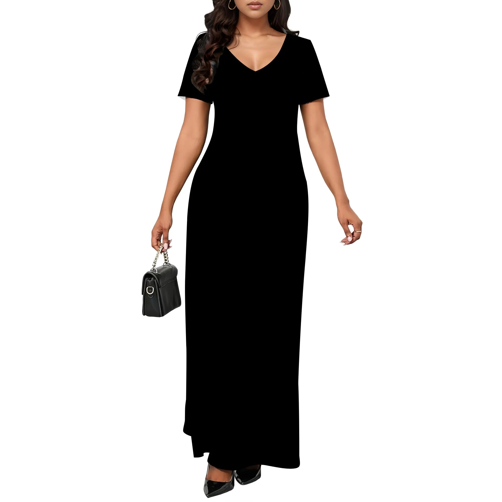 Women's Casual Short Sleeve Sexy V Neck Solid Color T Shirt Maxi Dress Summer Beach Swing Sundresses with Pockets