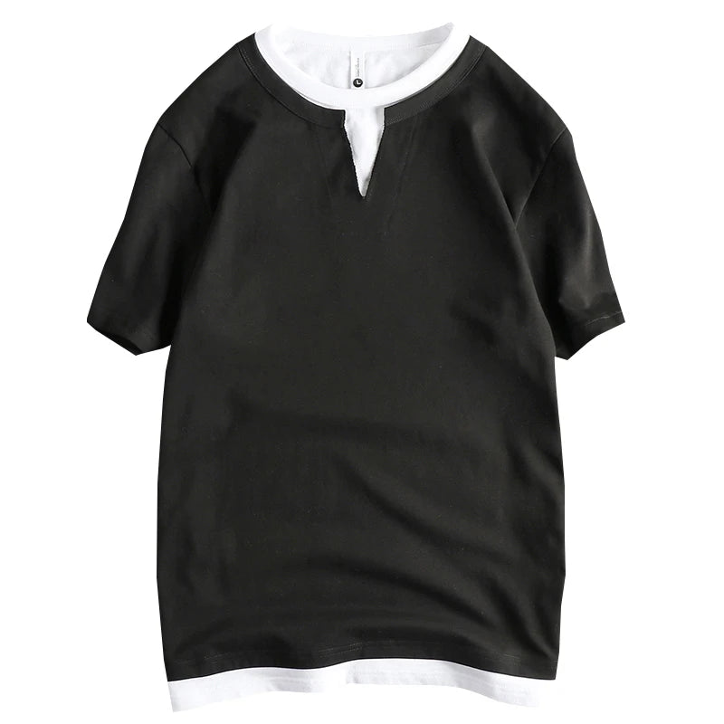 2025 Summer American Retro Short Sleeve V-neck Fake Two Pieces Solid Color T-shirt Men's 100% Cotton Washed Youth Casual Tops