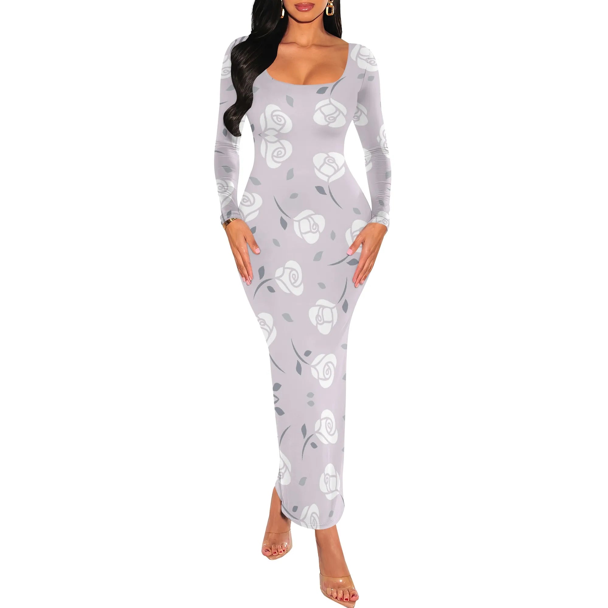 Bright Floral Print Bodycon Maxi Dress Colorful Long Sleeve Scoop Neck Spring Outfits