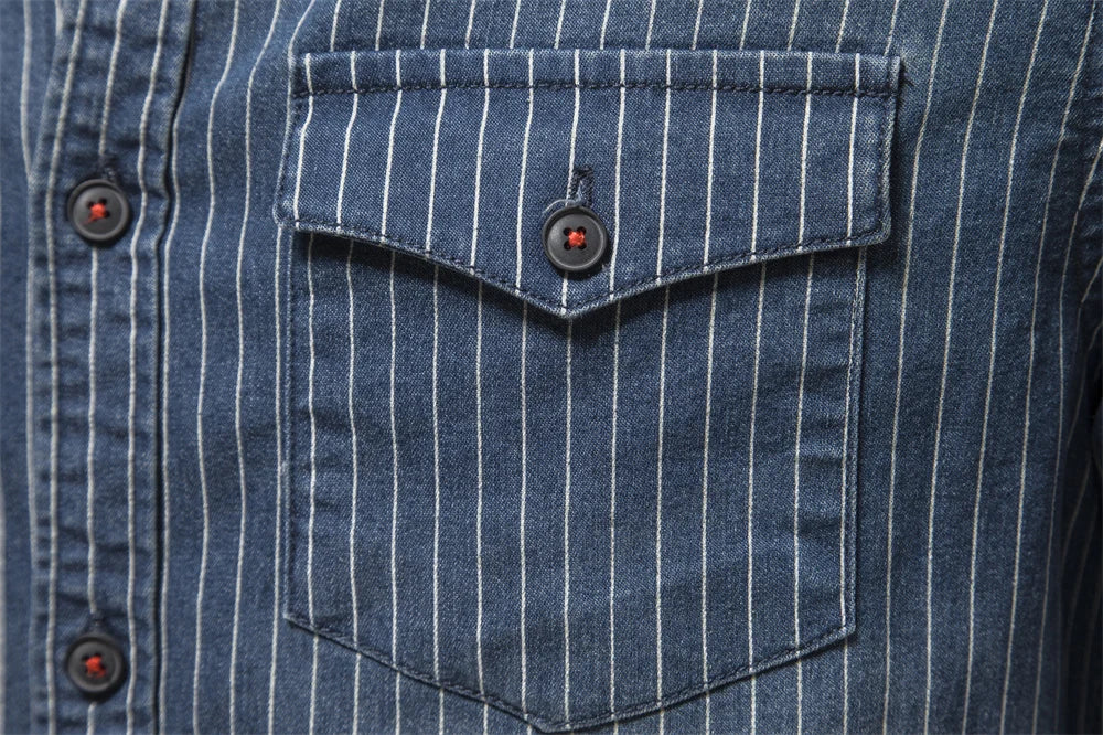 Men's Cotton Denim Shirts Striped Stretch Long Sleeve High Quality Jeans Shirts Casual Slim Cowboy Shirts For Men