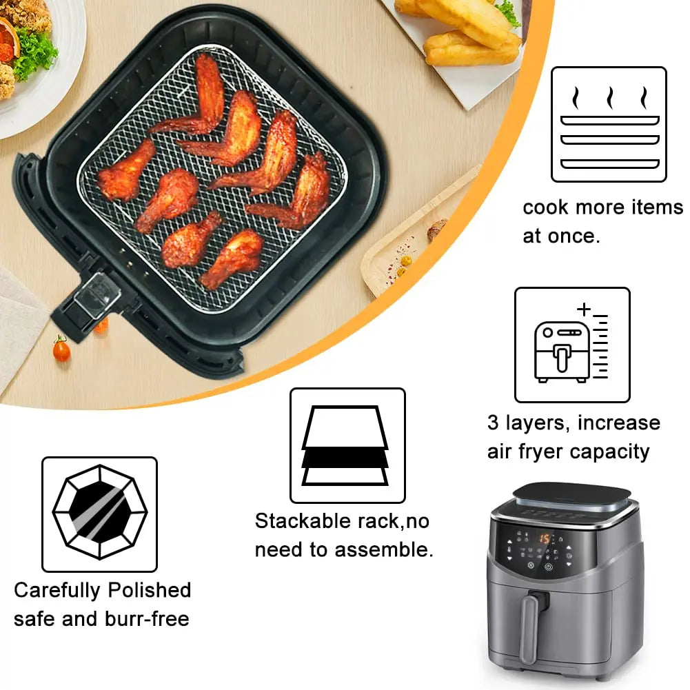 Airfryerrek, set van 3, stapelbaar meerlaags roestvrijstalen droogrek, Airfryer-accessoires, stoommandje voor de oven