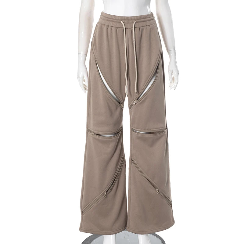 Zip Hollow Pants Street Fashion Trend Casual Sportief Effen Chic Devise Onregelmatig Basic Hipster Wijde Broeken Voor Vrouwen