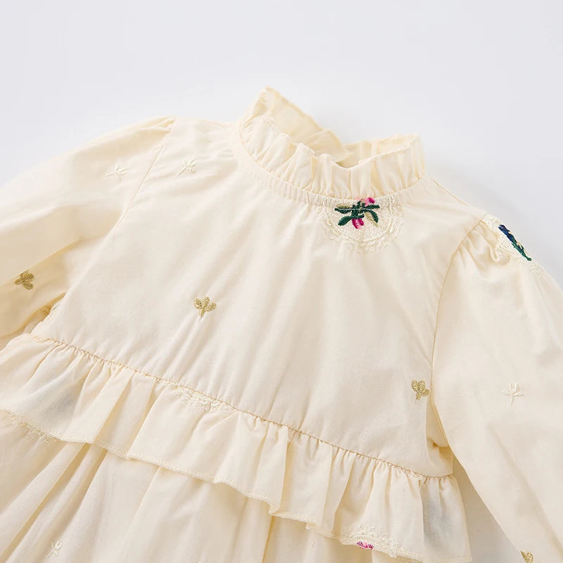 Spring Girls' Long Sleeve Dress 0-6Y Flower Embroidery Ruffled Collar Baby Children's Princess Dress Retro Style Kid's Clothing