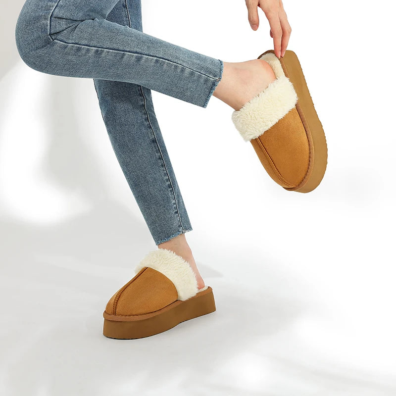 Women's Fluffy Plush Winter Shoes With Thick Sole Fuzzy Slides Suitable For Indoor and Outdoor Use With Anti-Slip Platform Fur Slippers