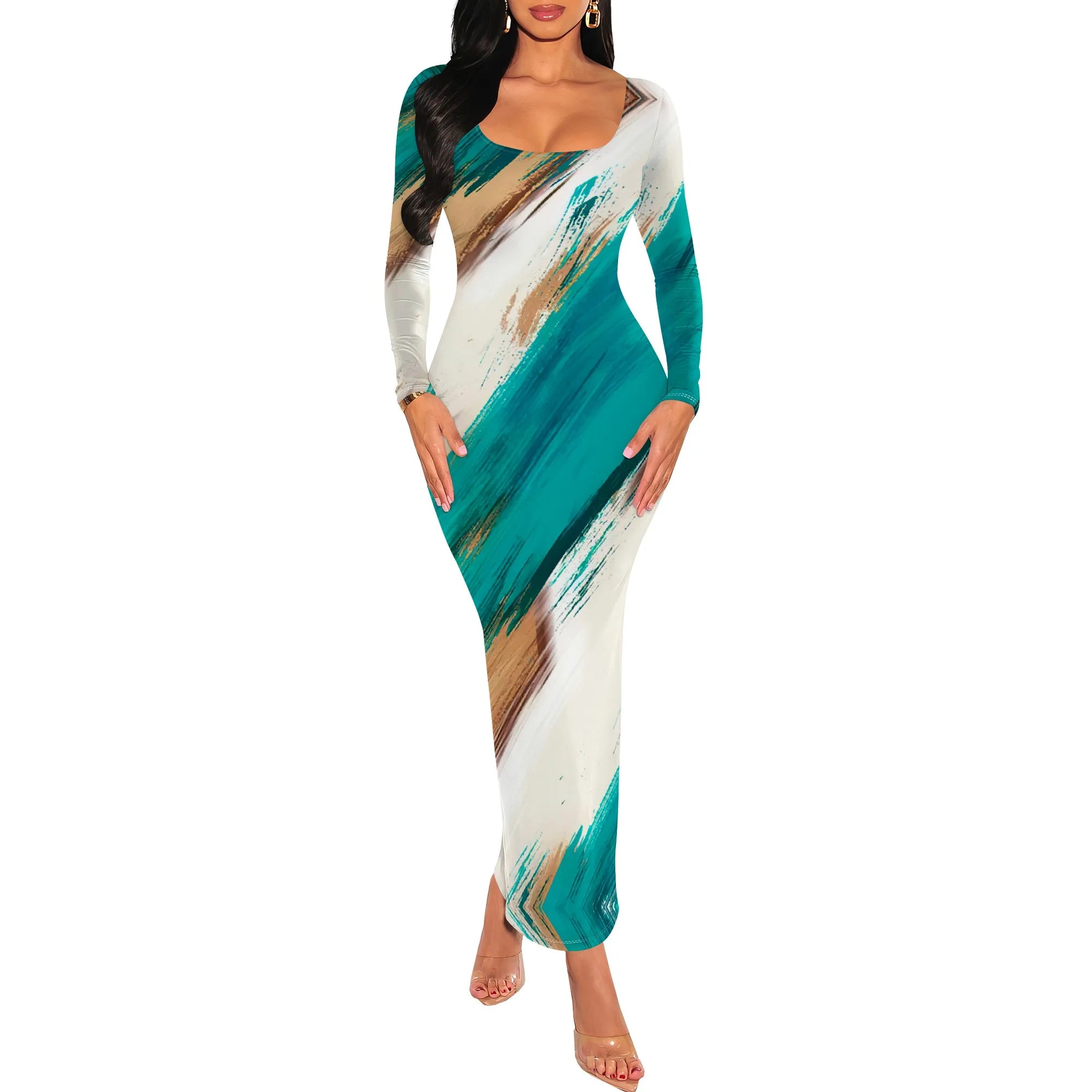 Women's Fall Trendy Dress Tie Dye Crew Neck Long Sleeve Bodycon Maxi Dress Casual Long Dresses