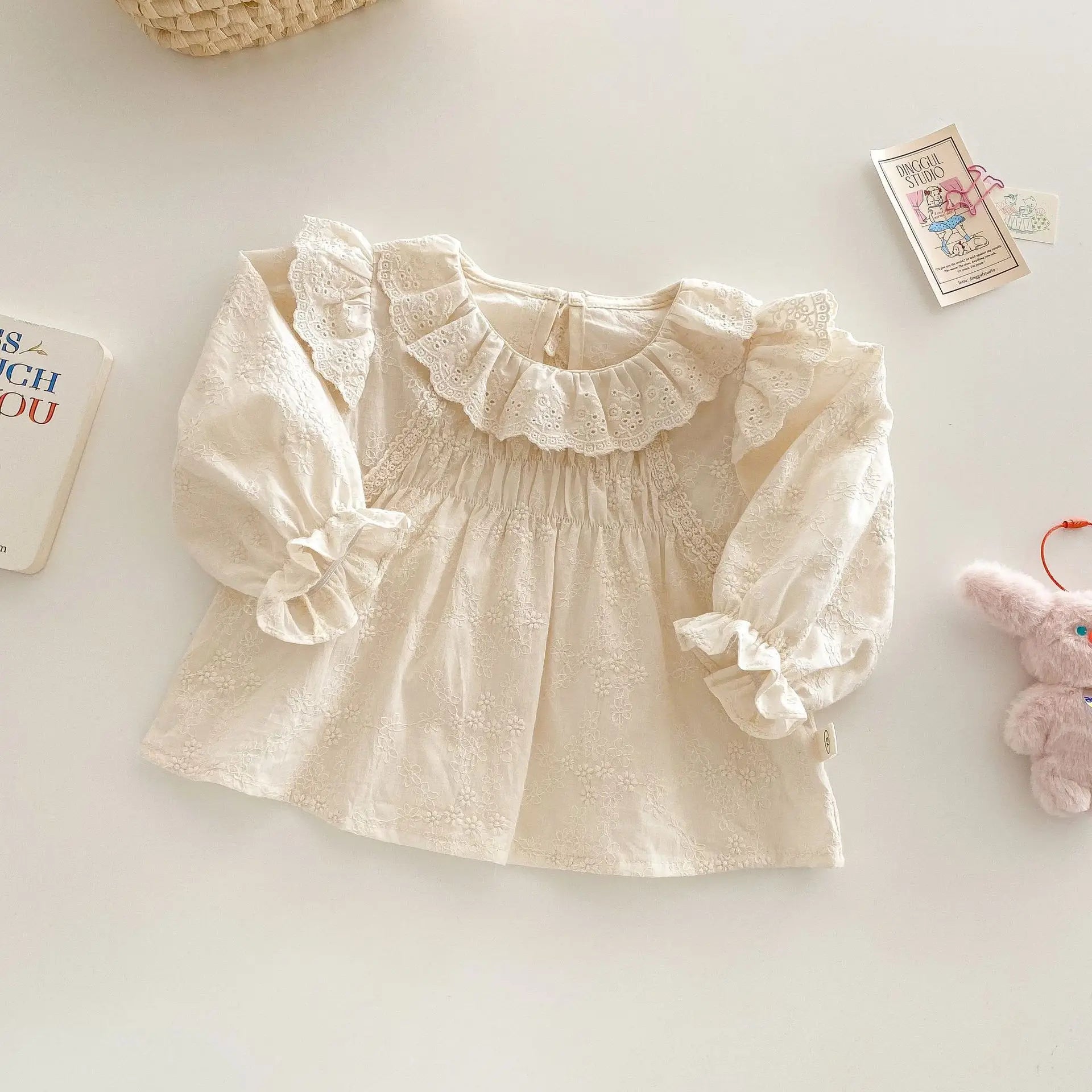 Spring Korean Style Girls' Doll Shirt Cute Embroidered Flowers Kid's Blouse Children's Baby Peter Pan Collar Shirt Base Top 0-5Y Girls