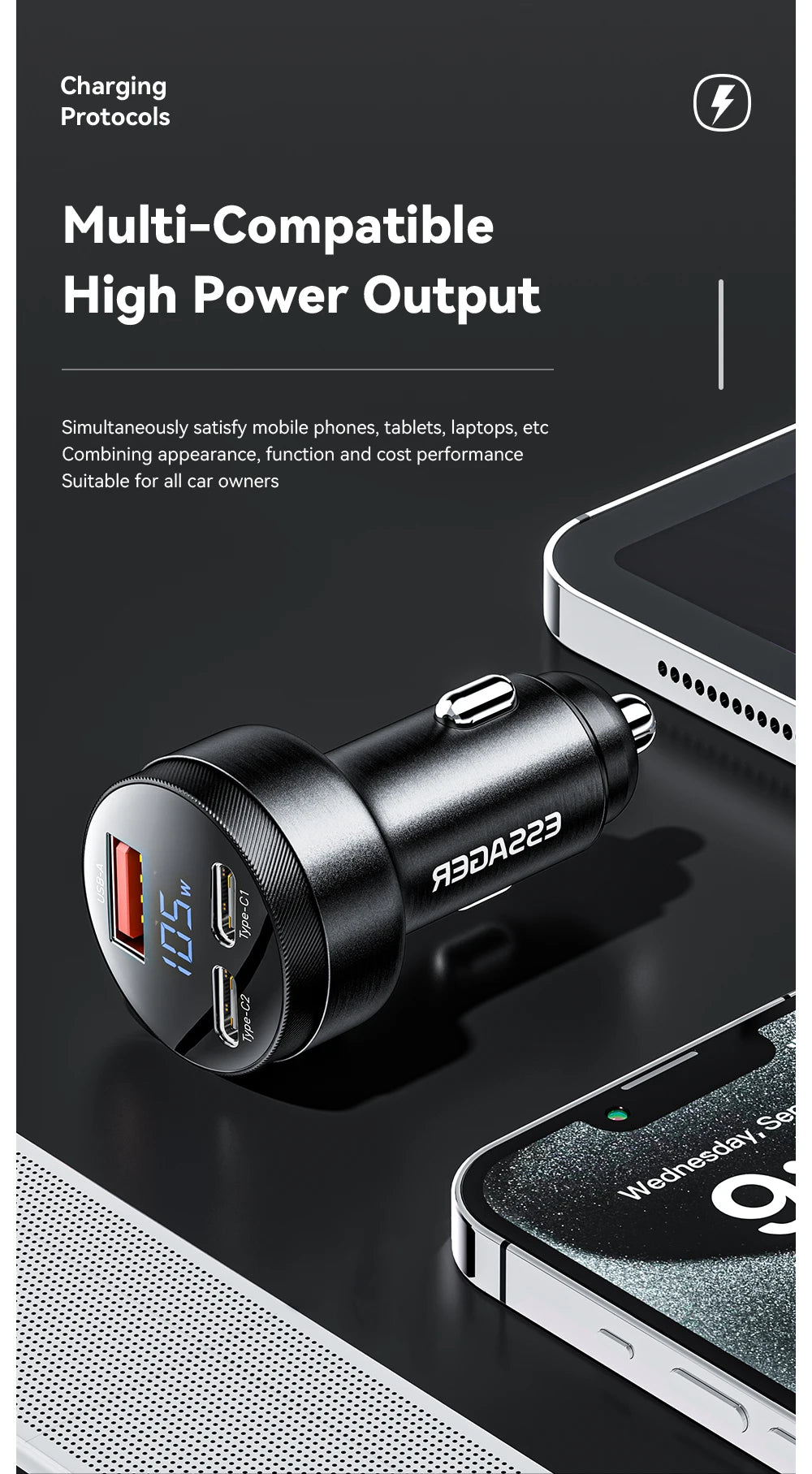 Essager USB C Car Charger 105W Quick Charge PD3.0 QC4.0 3.0 SCP PPS USB Type C  Fast Charging For iPhone 15 14 13 Samsung Xiaomi