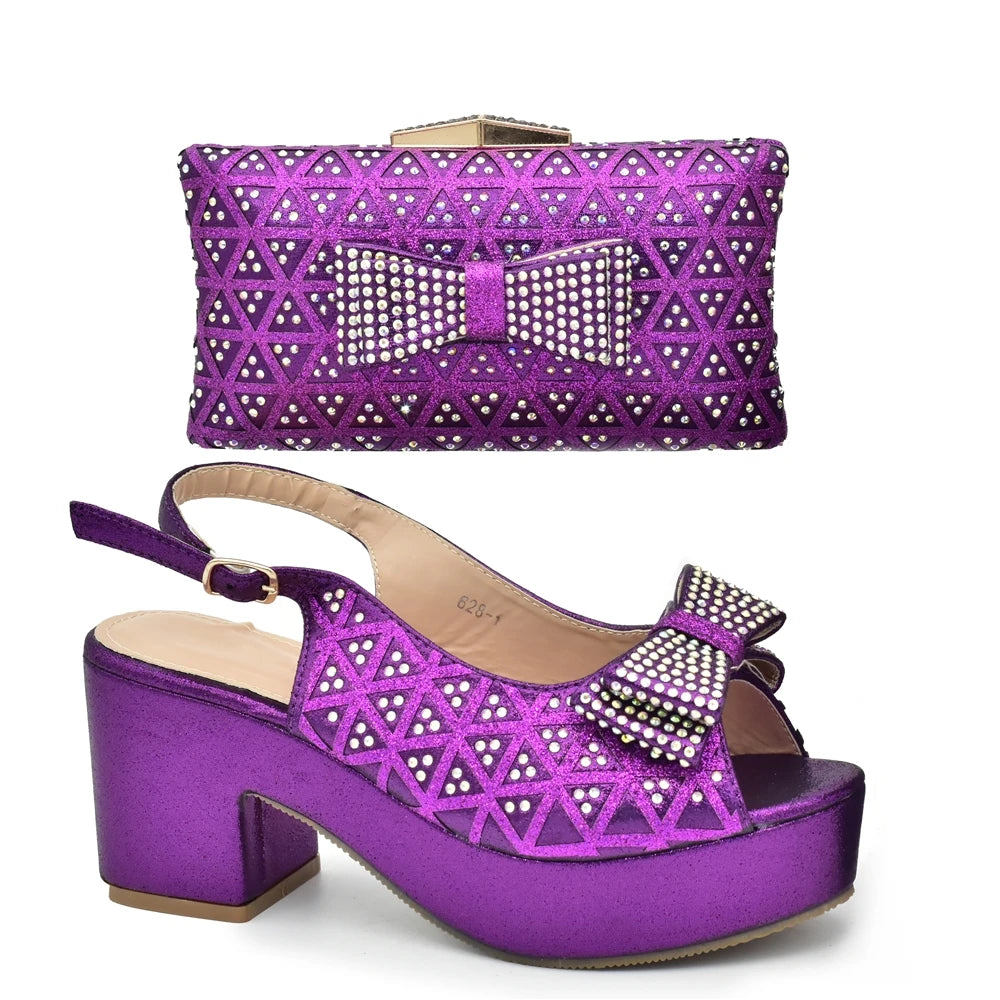African Women Wedding Shoes and Bag Set Decorated with Rhinestone Africa Shoe and Bags Set Wedges Shoes for Women