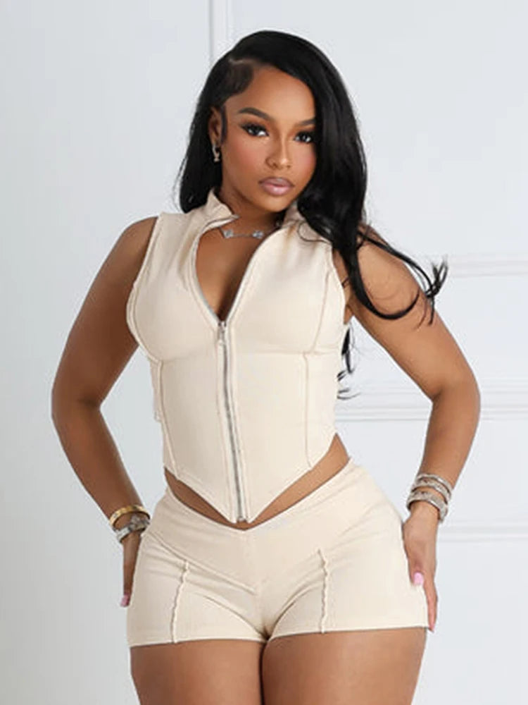 Lines Patchwork 2 Piece Set Women Zipper Cardigan Irregular Crop Top + Skinny Peach Hip Shorts Simple Sporty Street Wears