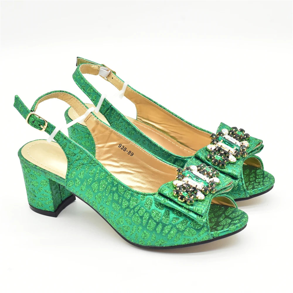Green Colour Shoe and Bag Set for Party in Woman Italian Crystal Butterfly-knot Women Pumps Nigerian Lady Shoes and Bag