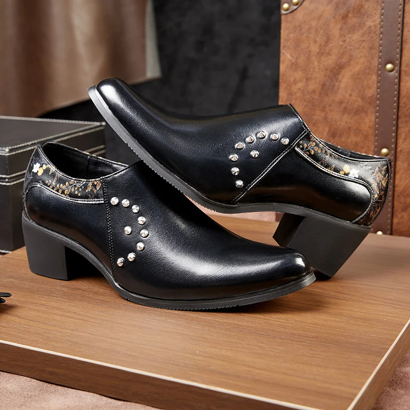 Retro Men European Fashionable Rivet Oxfords Dress Shoes High Heel Male Party Dressing Shoes Height Increasing Zipper Shoe