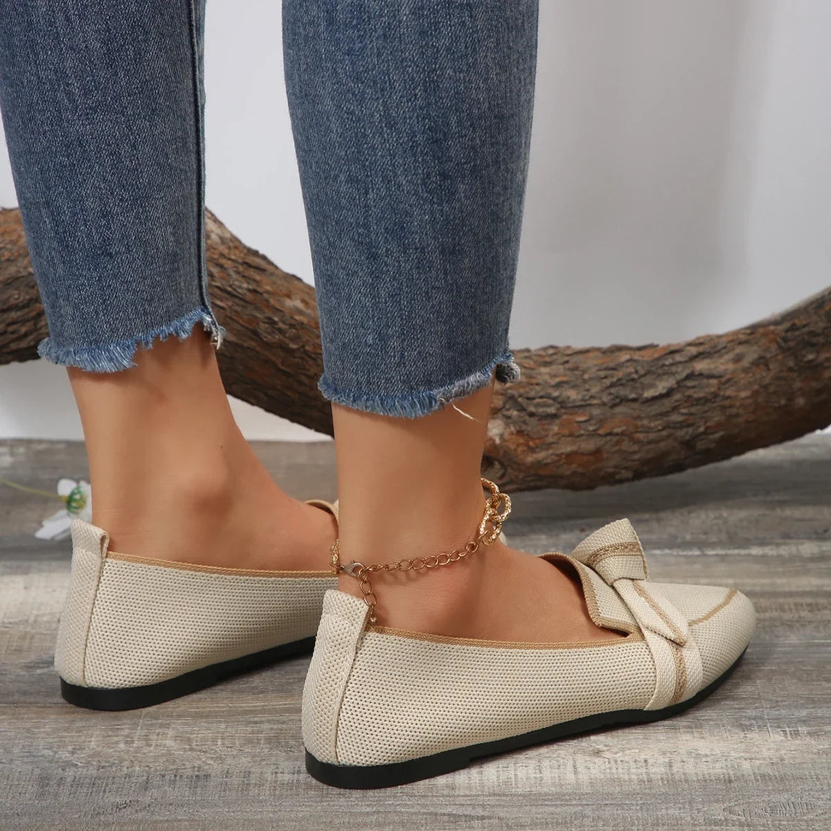 Women's Spring and Autumn Outfit Pointed Flat Breathable Casual Knot Shoes Women's Blue Pregnant Women's Low Heel Moon Shoes