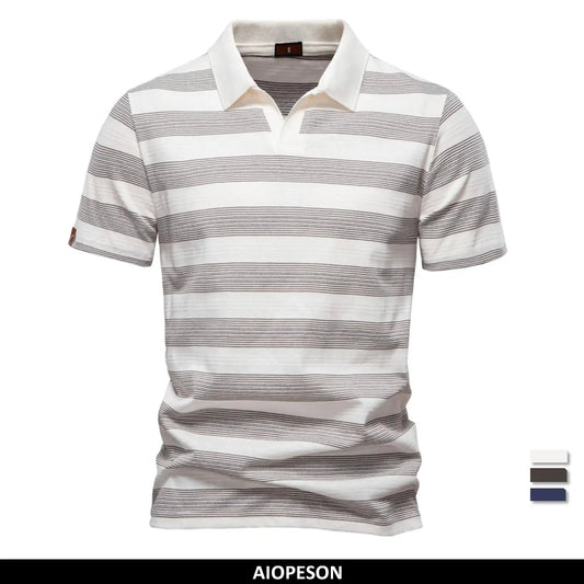 2025 New Summer Striped V Neck Cotton Polo Shirts for Men Breathable Short Sleeve Casual Knit Shirts Comfort Fit