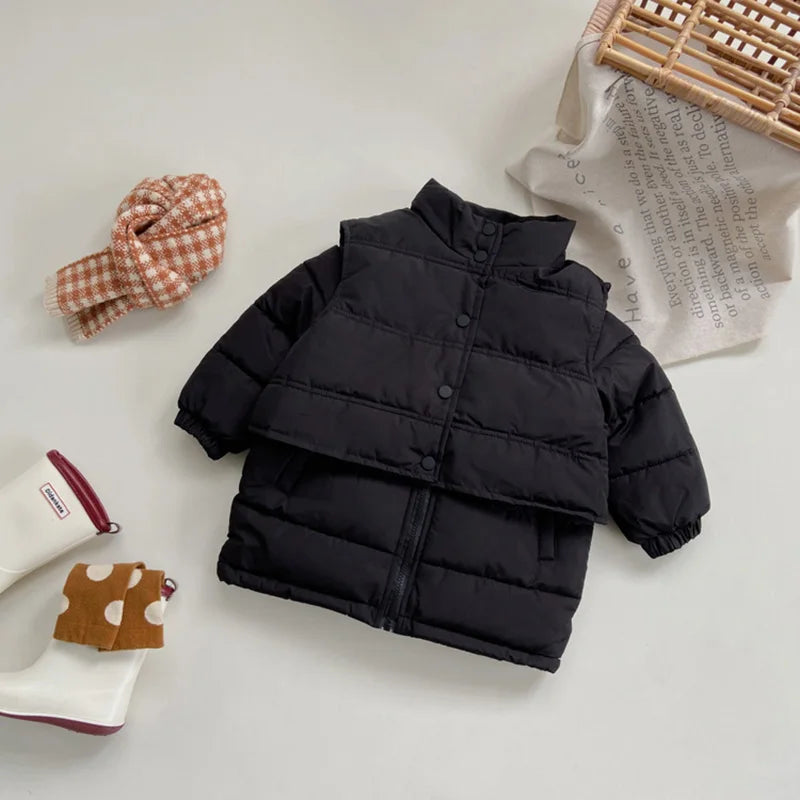 Winter Kids Parkas Thicken Vest And Parkas 2 Pcs Boys Long Parka Cotton Lining Girls Jacket 4-6Y Unisex