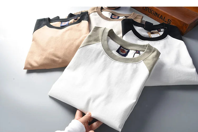 Autumn New American Retro Long Sleeve O-neck Contrast Splicing T-shirt Men's Fashion 100% Cotton Washed Old Casual Sport Tops