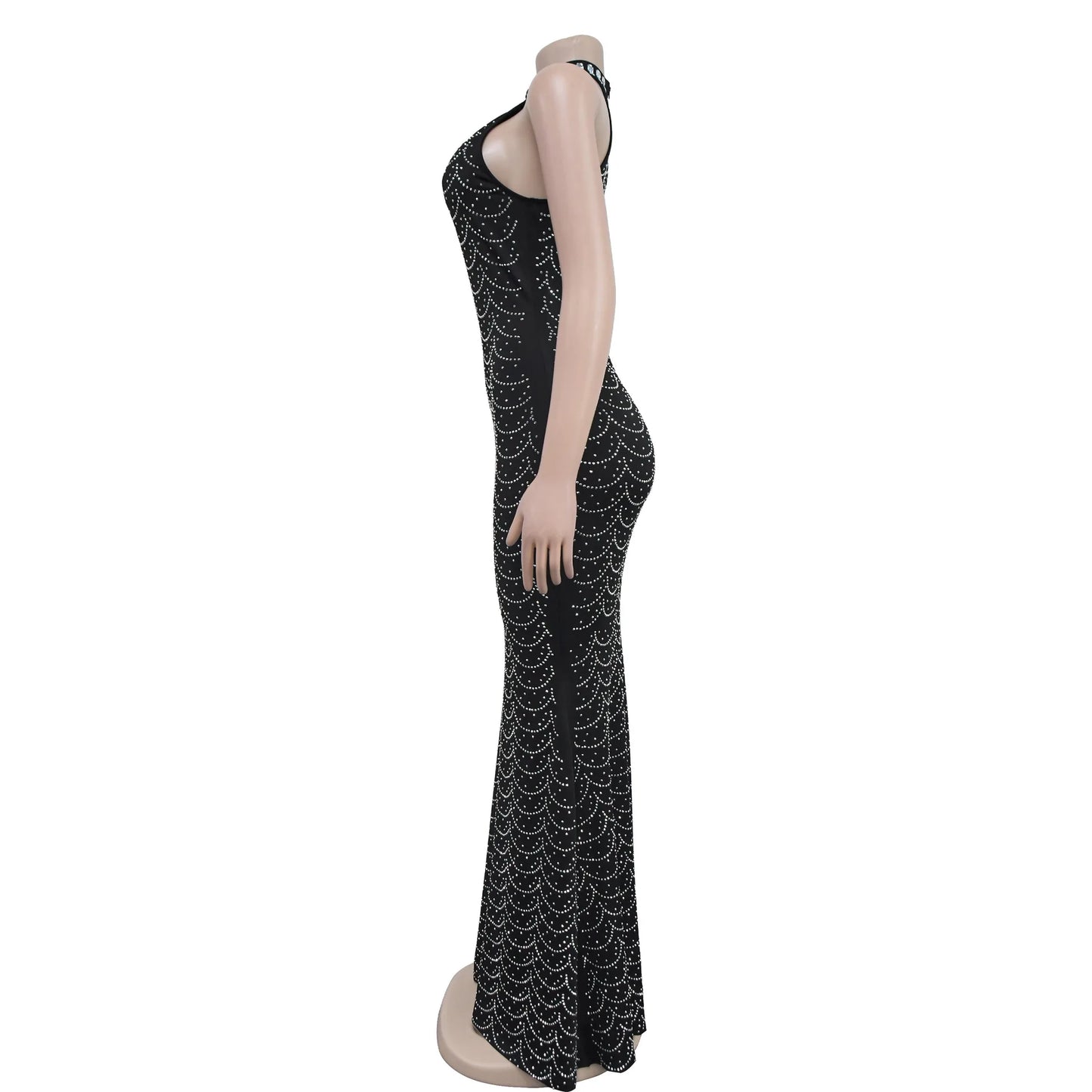 Women's Sexy Sleeveless Halter Rhinestone Decor Floor-length Mermaid Party Dress